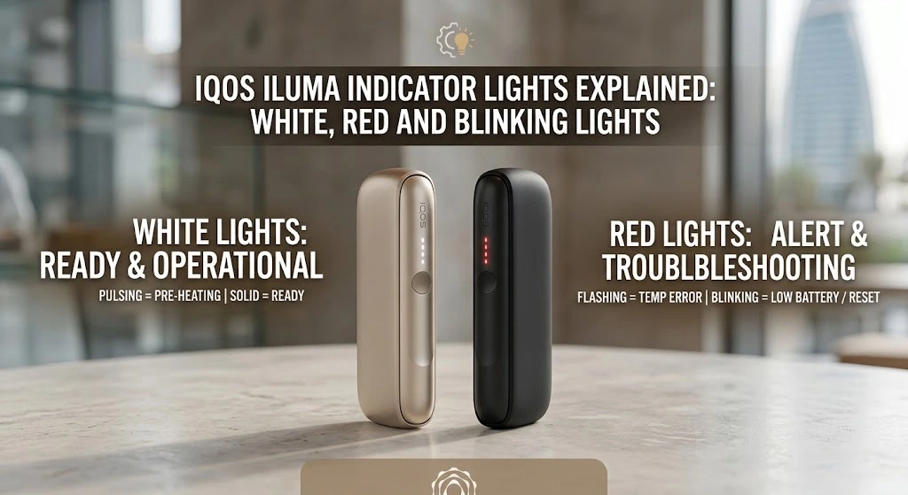 IQOS ILUMA indicator lights explained, showing white and red lights and their meanings