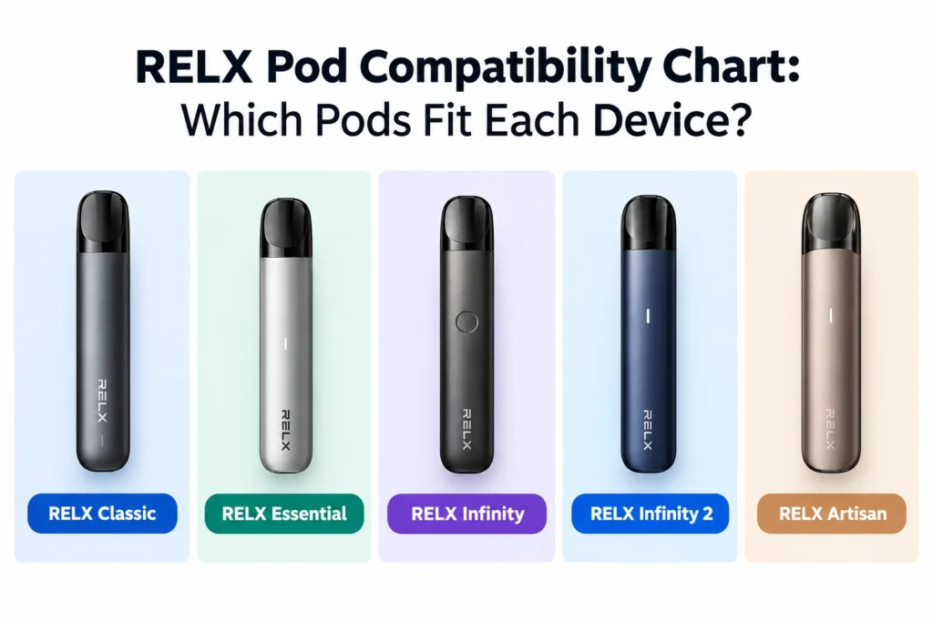 RELX Pod Compatibility Chart showing RELX Classic, Essential, Infinity, Infinity 2, and Artisan devices.